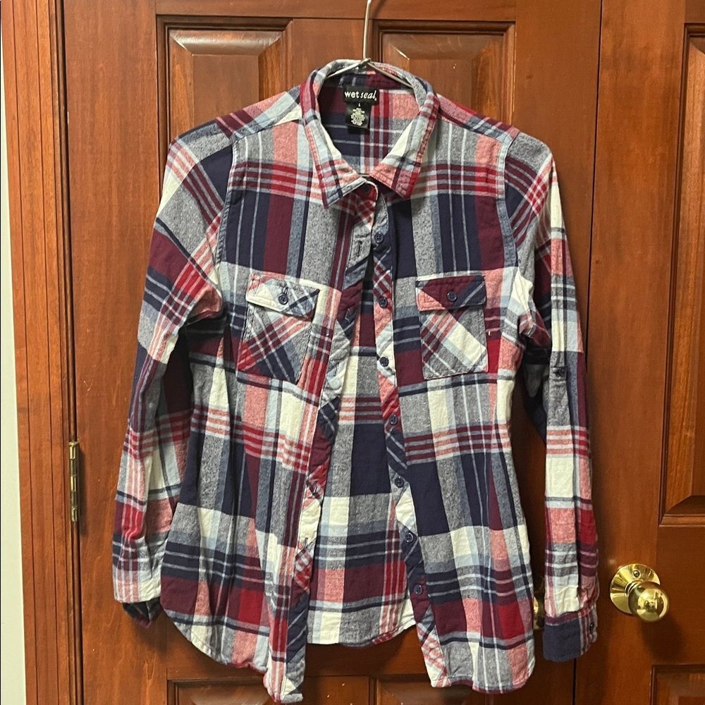 Wet Seal Plaid Flannel Kids Shirt - Red, Blue, and White